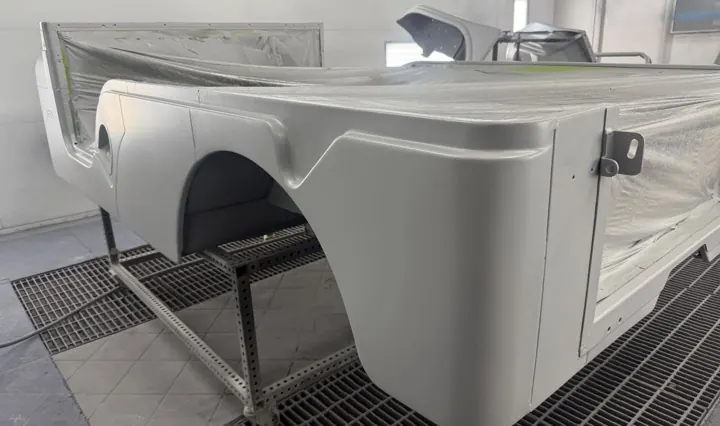Jeep CJ tub in fresh primer in the booth